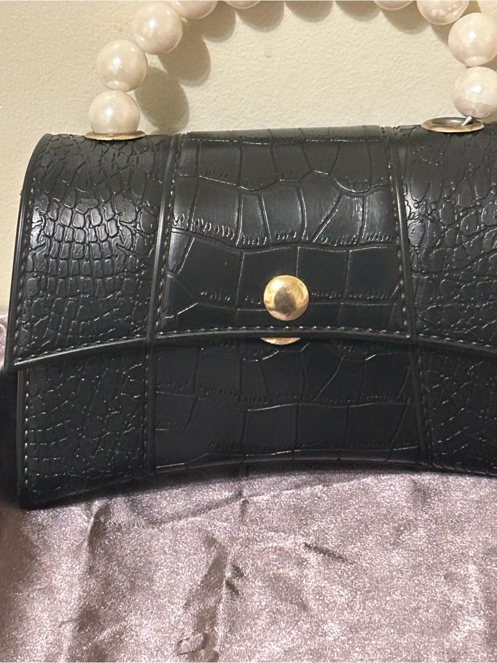 Black Croc-Embossed Miniature Crossbody Bag with Cream Pearl Handle